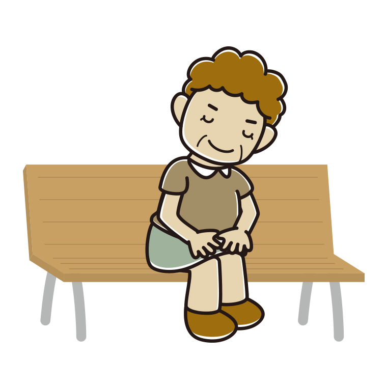 ベンチでお辞儀するおばさんのイラスト【色あり、背景なし】透過PNG