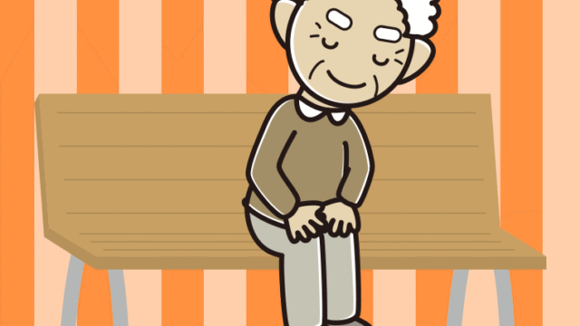 ベンチでお辞儀するおじいさんのイラスト【色、背景あり】PNG