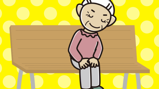 ベンチでお辞儀するおばあさんのイラスト【色、背景あり】PNG