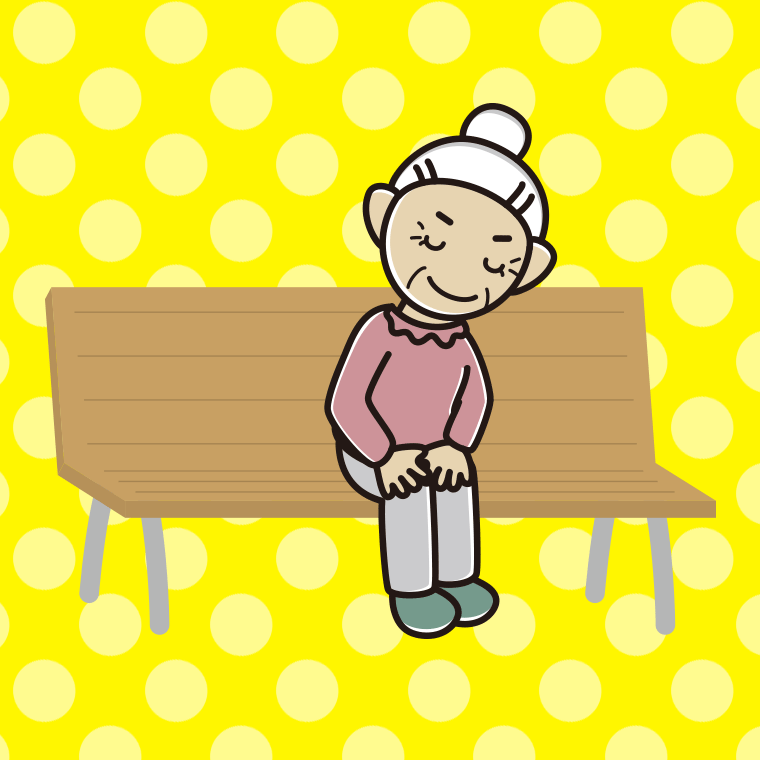 ベンチでお辞儀するおばあさんのイラスト【色、背景あり】PNG