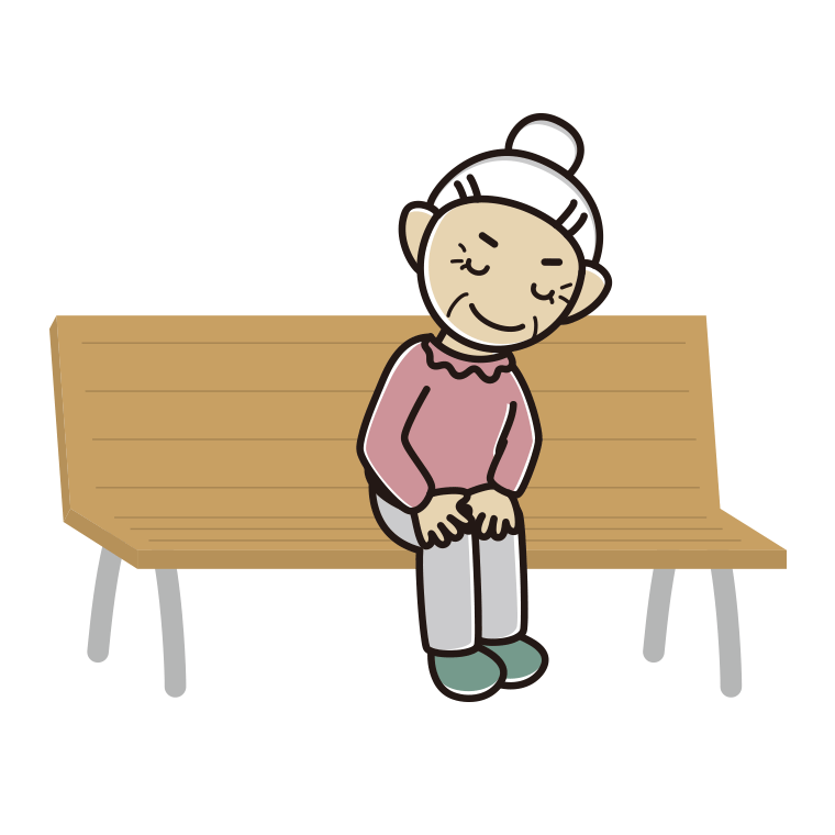 ベンチでお辞儀するおばあさんのイラスト【色あり、背景なし】透過PNG