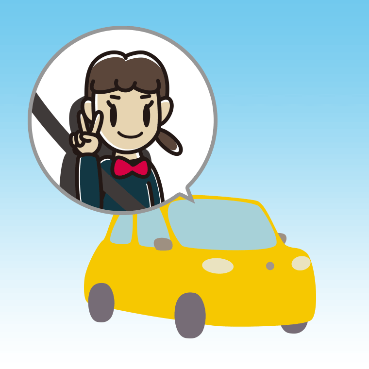 車でピースをする女子中学生のイラスト【色、背景あり】PNG