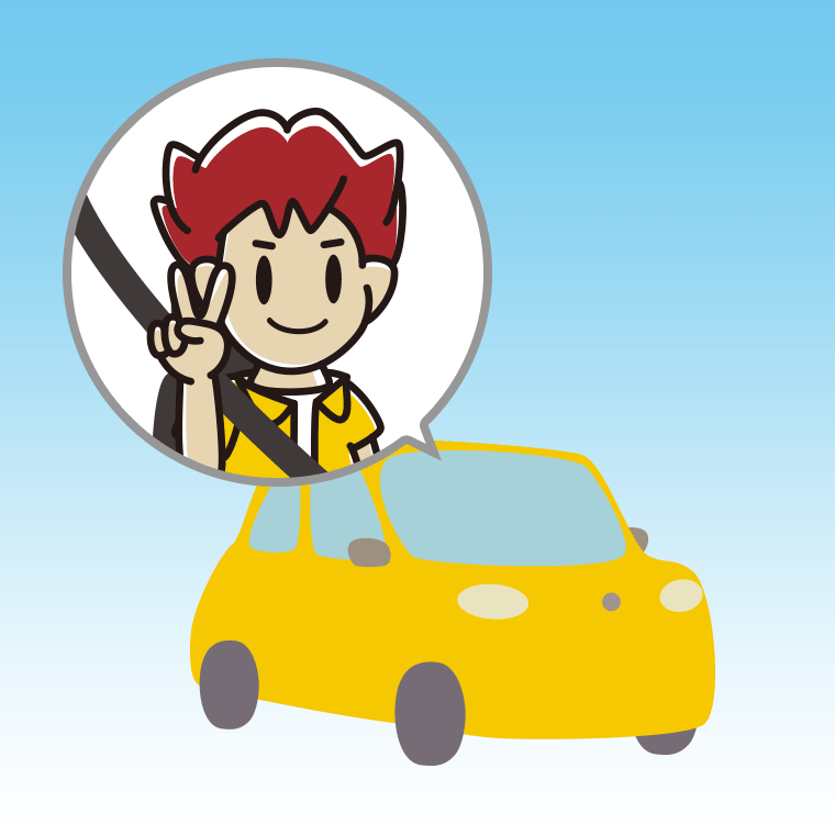 車でピースをする男子大学生のイラスト【色、背景あり】PNG