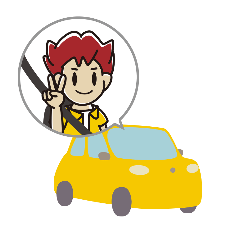 車でピースをする男子大学生のイラスト【色あり、背景なし】透過PNG