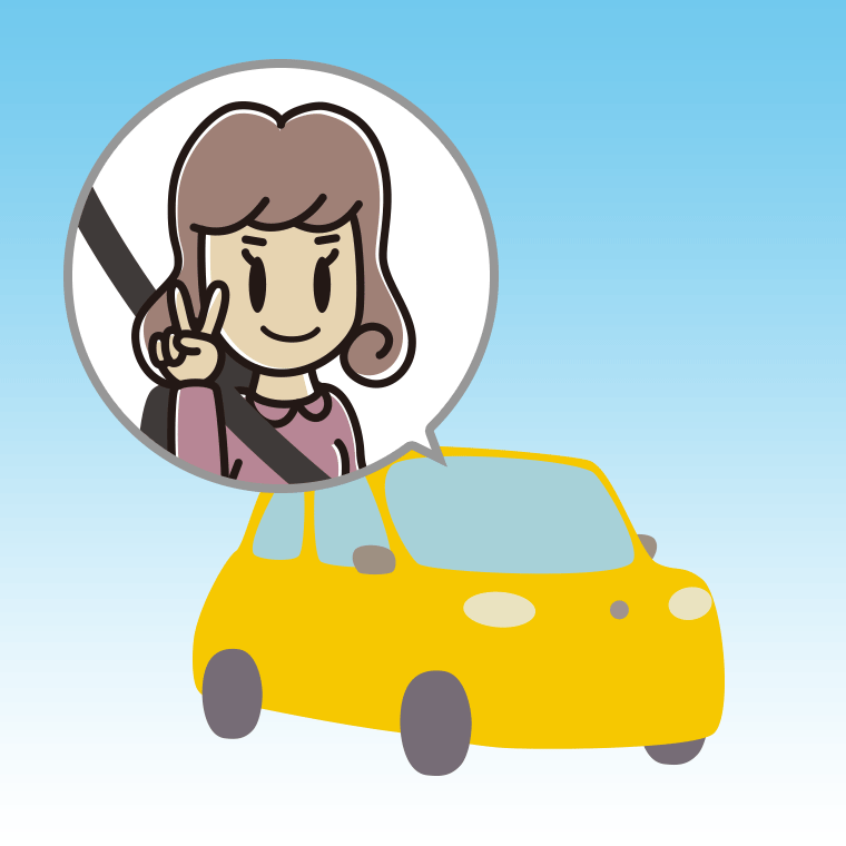 車でピースをする女子大学生のイラスト【色、背景あり】PNG