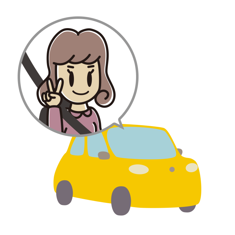 車でピースをする女子大学生のイラスト【色あり、背景なし】透過PNG
