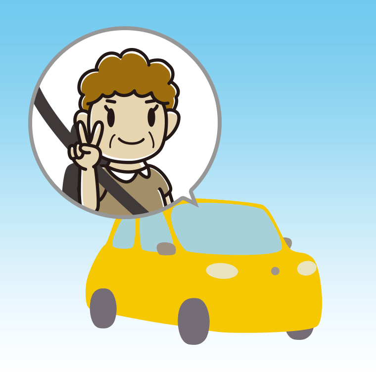 車でピースをするおばさんのイラスト【色、背景あり】PNG