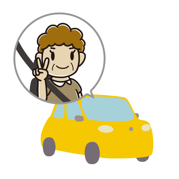車でピースをするおばさんのイラスト【色あり、背景なし】透過PNG