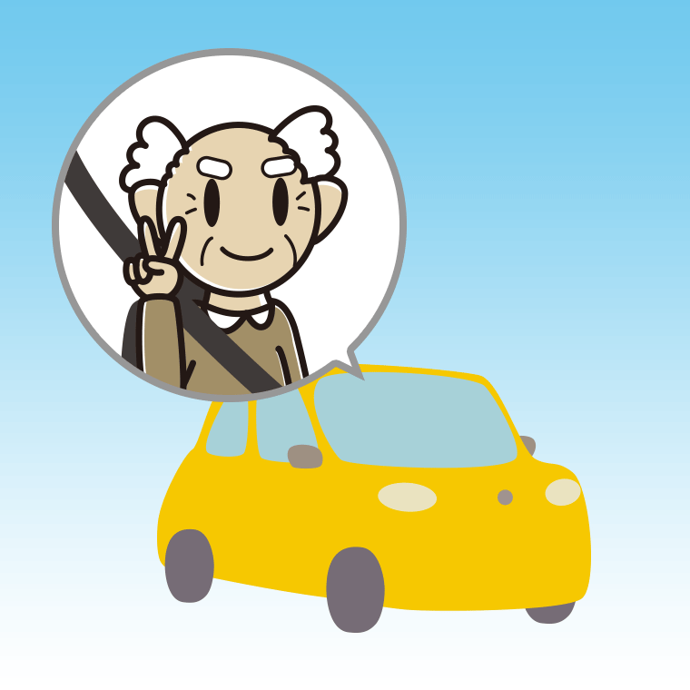 車でピースをするおじいさんのイラスト【色、背景あり】PNG