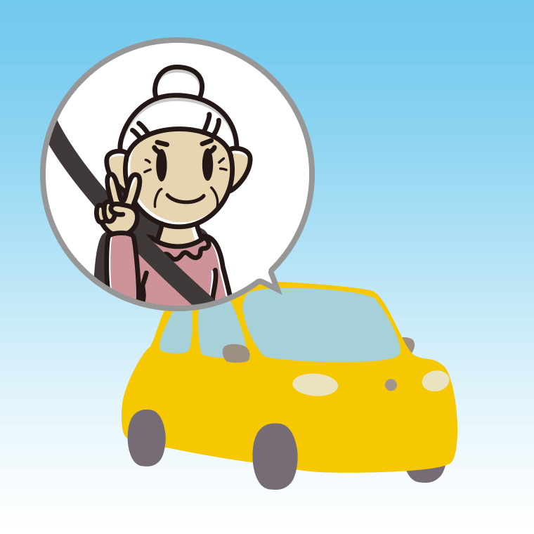 車でピースをするおばあさんのイラスト【色、背景あり】PNG
