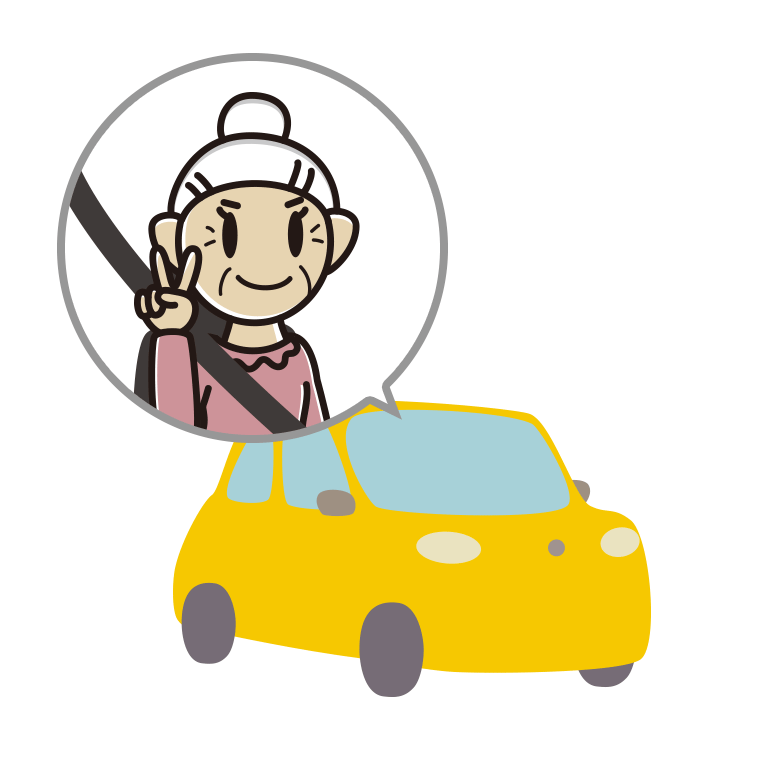 車でピースをするおばあさんのイラスト【色あり、背景なし】透過PNG