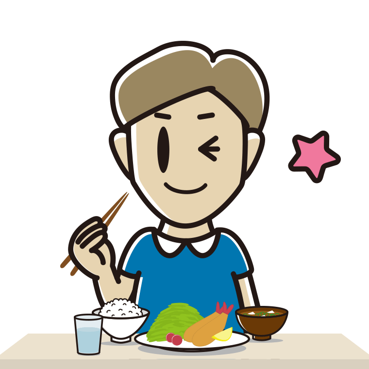 食事中にウインクする男性のイラスト【色あり、背景なし】透過PNG