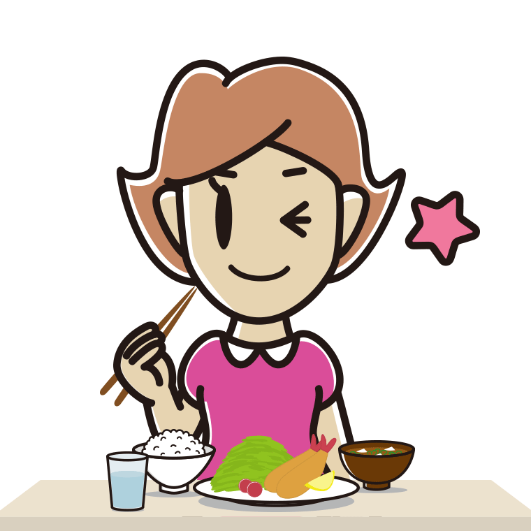 食事中にウインクする女性のイラスト【色あり、背景なし】透過PNG