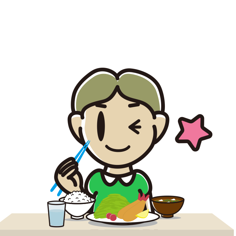 食事中にウインクする小学生男子のイラスト【色あり、背景なし】透過PNG