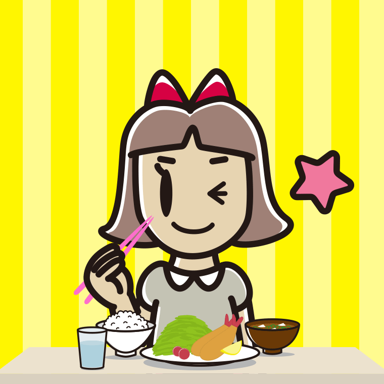 食事中にウインクする小学生女子のイラスト【色、背景あり】PNG