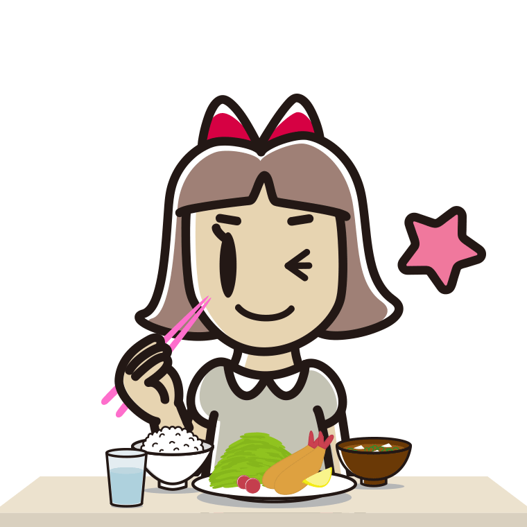 食事中にウインクする小学生女子のイラスト【色あり、背景なし】透過PNG