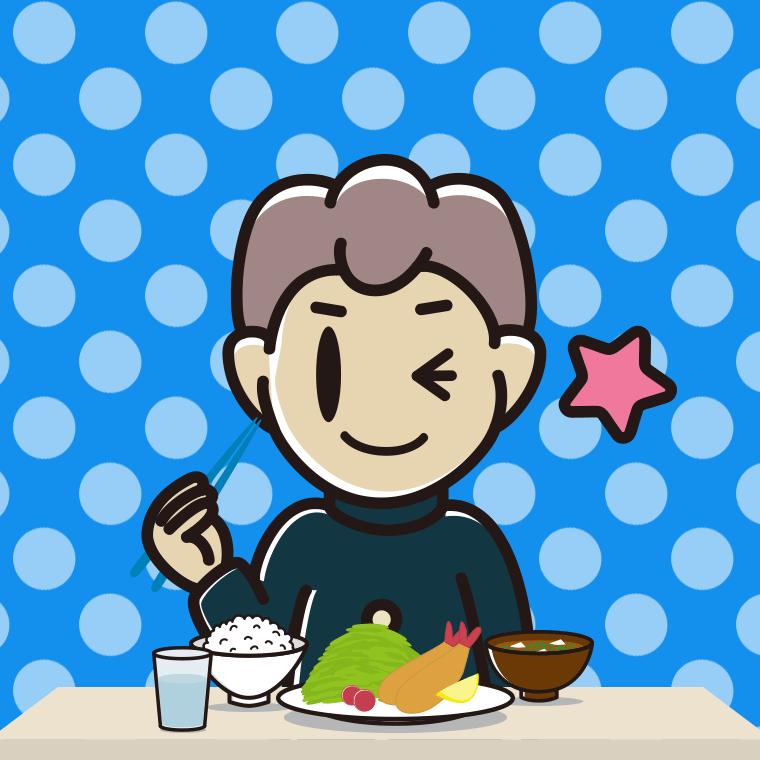 食事中にウインクする男子中学生のイラスト【色、背景あり】PNG