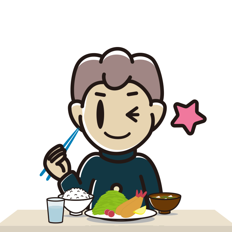 食事中にウインクする男子中学生のイラスト【色あり、背景なし】透過PNG