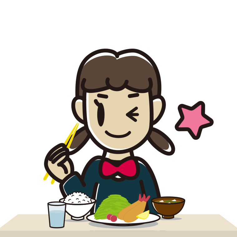 食事中にウインクする女子中学生のイラスト【色あり、背景なし】透過PNG