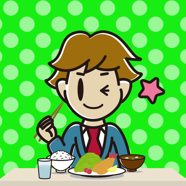 食事中にウインクする男子高校生のイラスト【色、背景あり】PNG