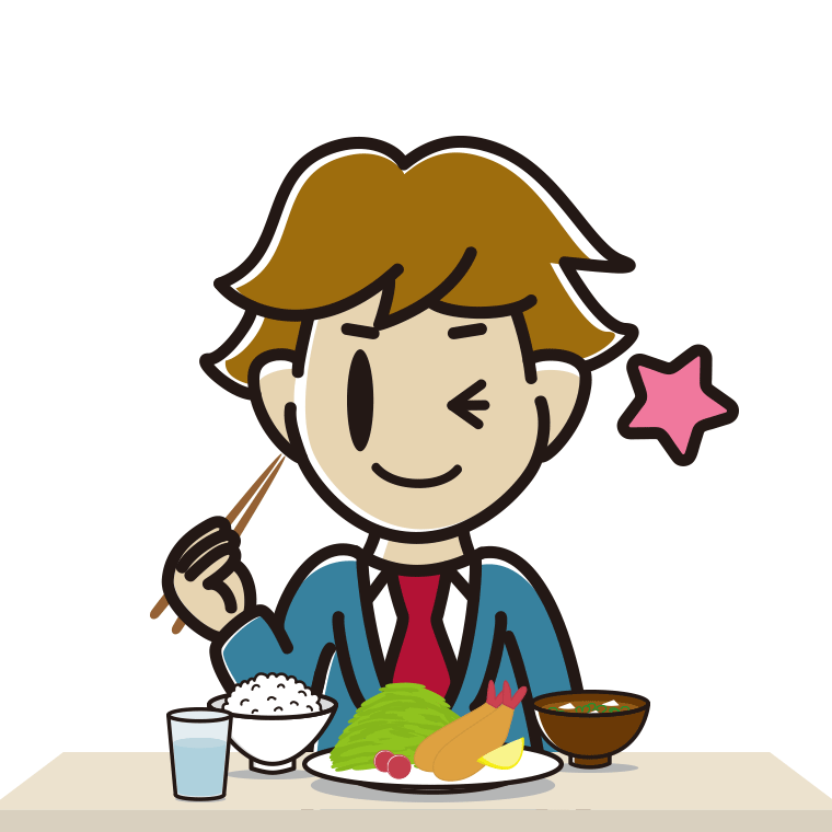 食事中にウインクする男子高校生のイラスト【色あり、背景なし】透過PNG