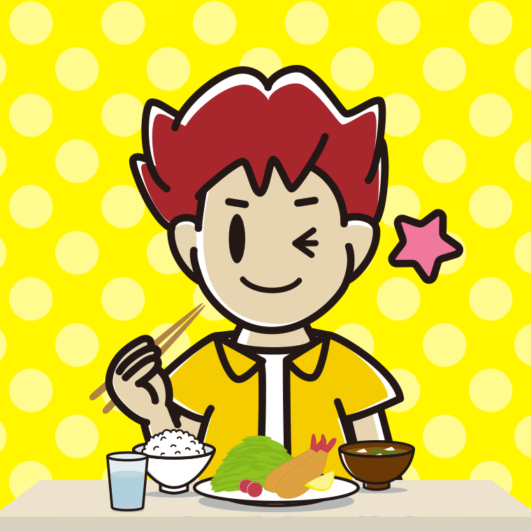 食事中にウインクする男子大学生のイラスト【色、背景あり】PNG