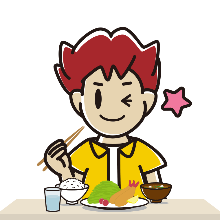 食事中にウインクする男子大学生のイラスト【色あり、背景なし】透過PNG