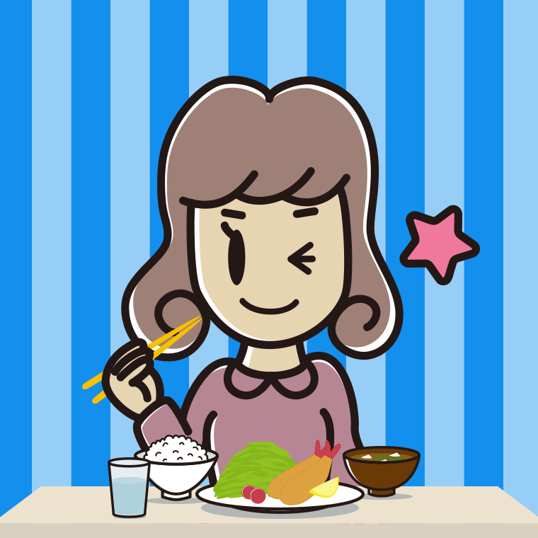 食事中にウインクする女子大学生のイラスト【色、背景あり】PNG