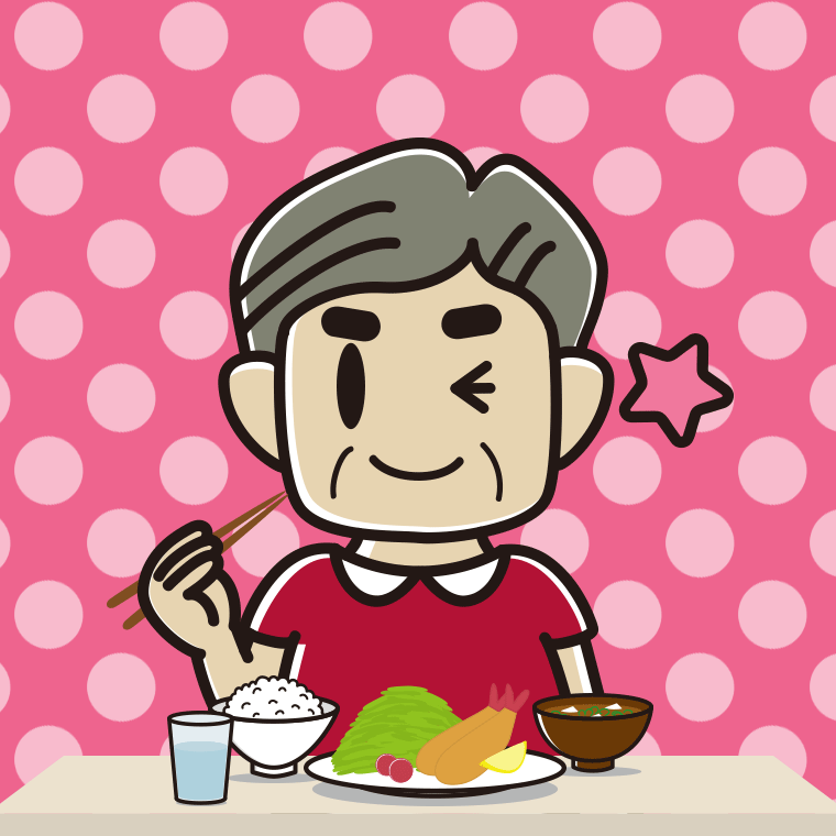 食事中にウインクするおじさんのイラスト【色、背景あり】PNG