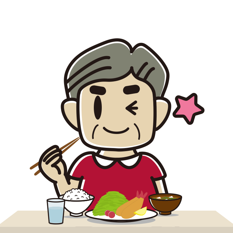 食事中にウインクするおじさんのイラスト【色あり、背景なし】透過PNG
