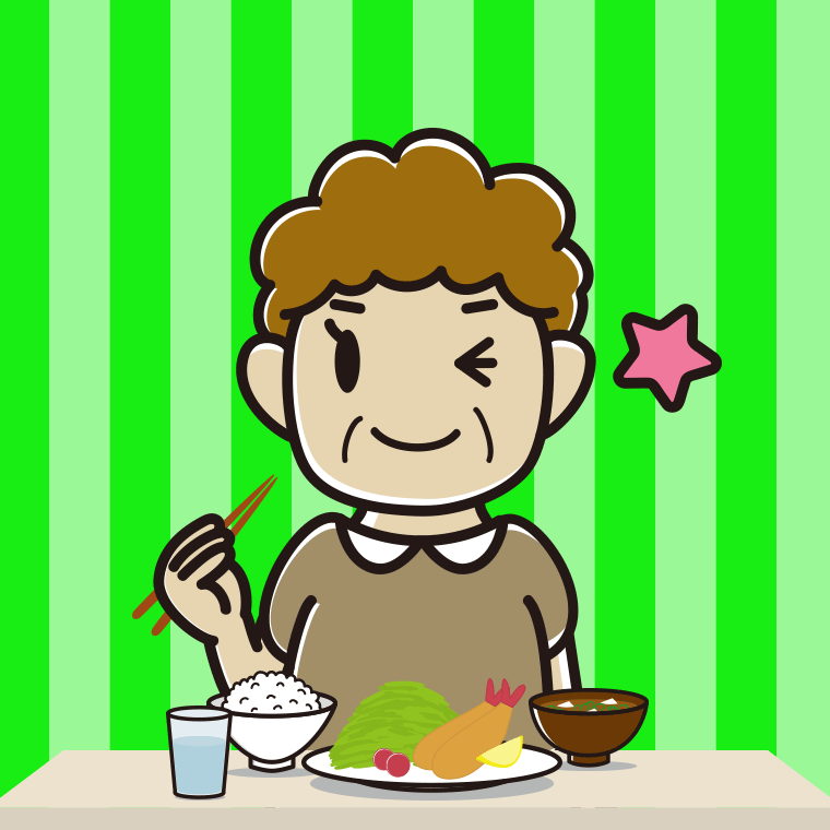食事中にウインクするおばさんのイラスト【色、背景あり】PNG
