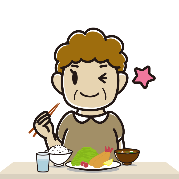 食事中にウインクするおばさんのイラスト【色あり、背景なし】透過PNG