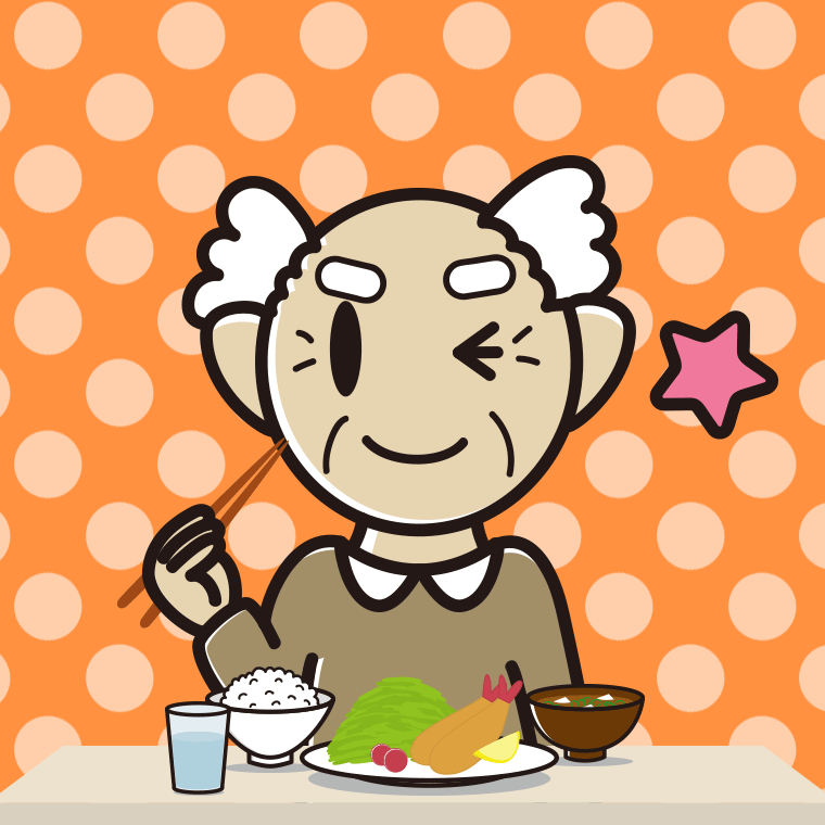 食事中にウインクするおじいさんのイラスト【色、背景あり】PNG