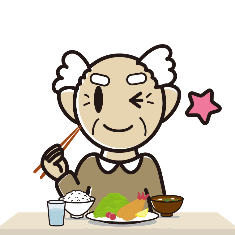 食事中にウインクするおじいさんのイラスト【色あり、背景なし】透過PNG