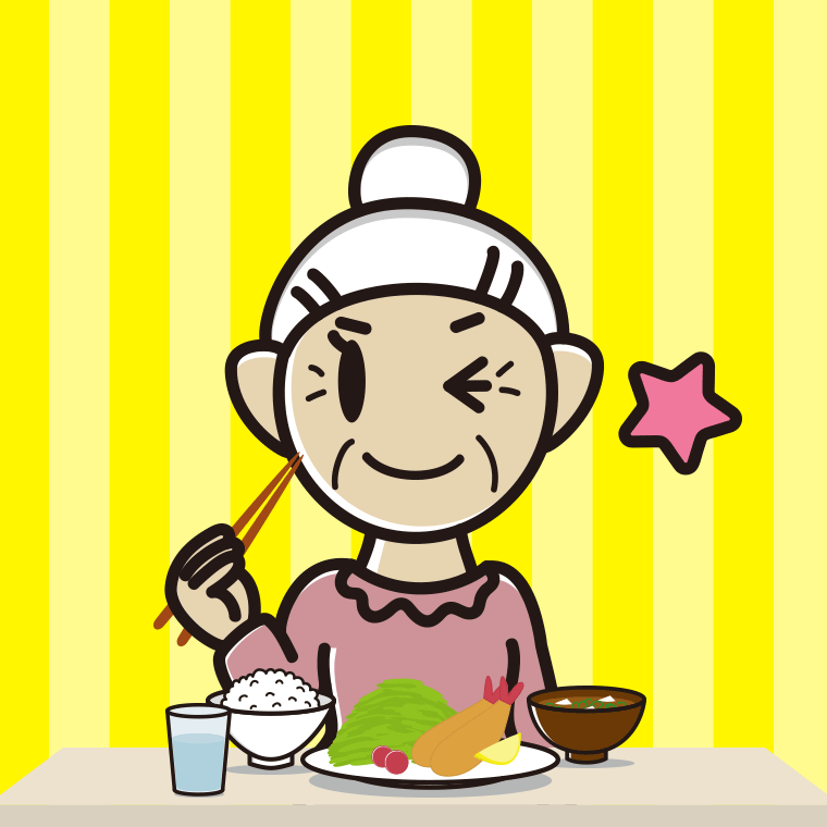 食事中にウインクするおばあさんのイラスト【色、背景あり】PNG