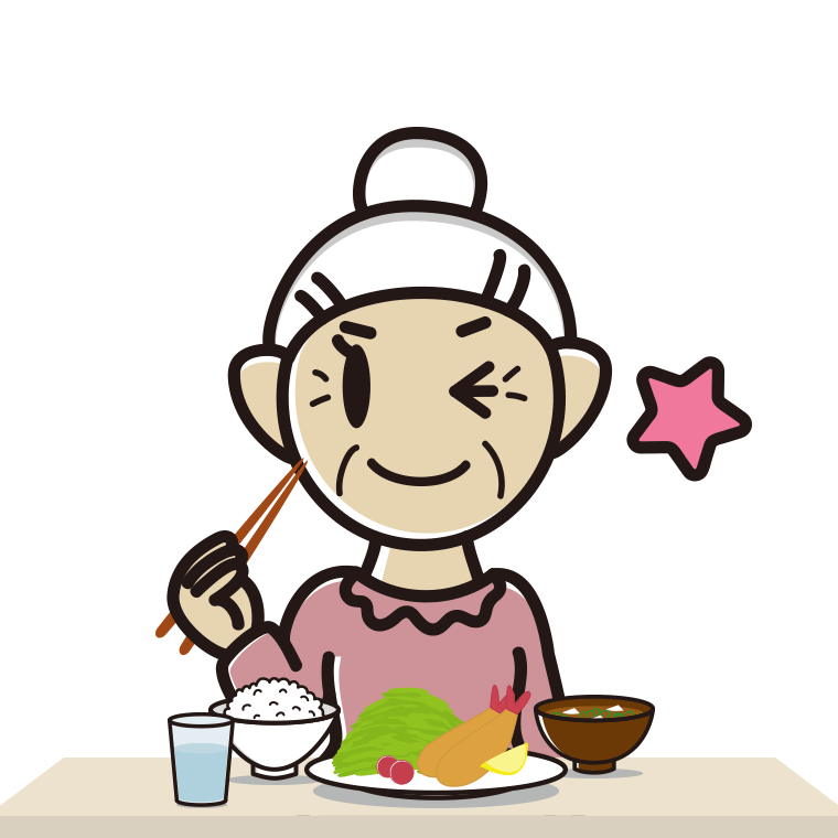 食事中にウインクするおばあさんのイラスト【色あり、背景なし】透過PNG