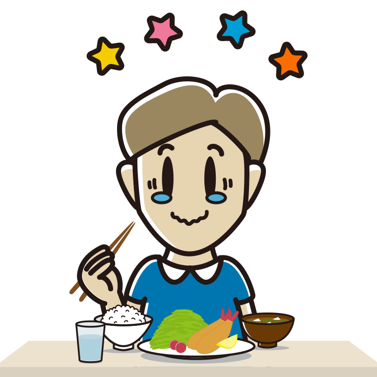 食事中にジーンとする男性のイラスト【色あり、背景なし】透過PNG
