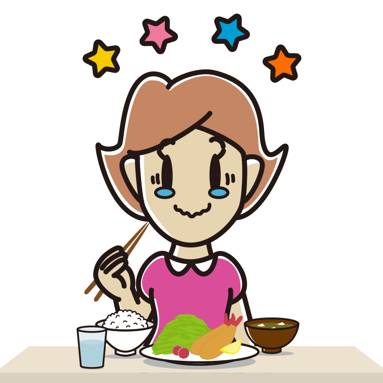 食事中にジーンとする女性のイラスト【色あり、背景なし】透過PNG