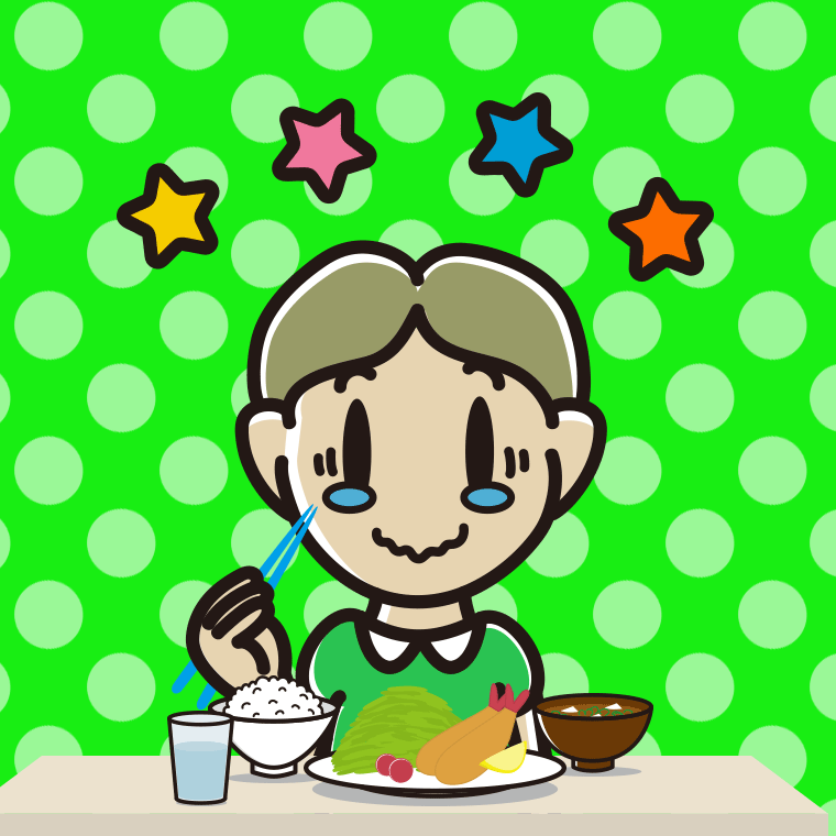 食事中にジーンとする小学生男子のイラスト【色、背景あり】PNG