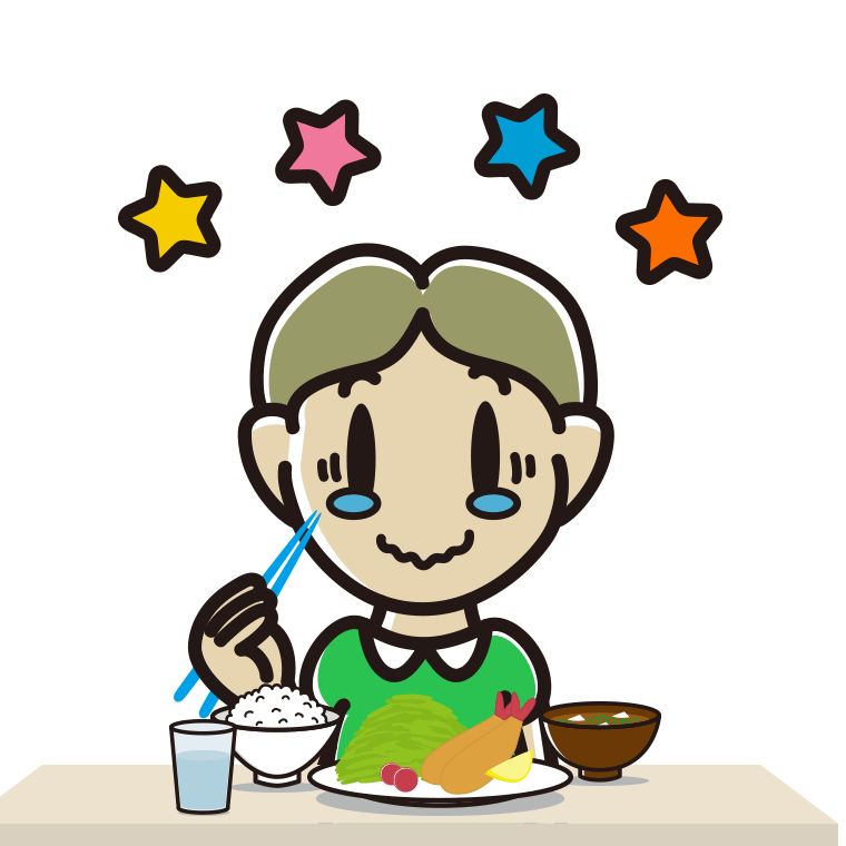 食事中にジーンとする小学生男子のイラスト【色あり、背景なし】透過PNG