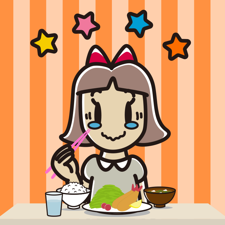 食事中にジーンとする小学生女子のイラスト【色、背景あり】PNG