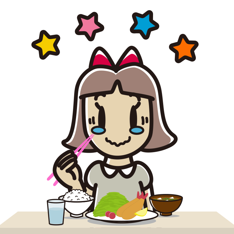 食事中にジーンとする小学生女子のイラスト【色あり、背景なし】透過PNG