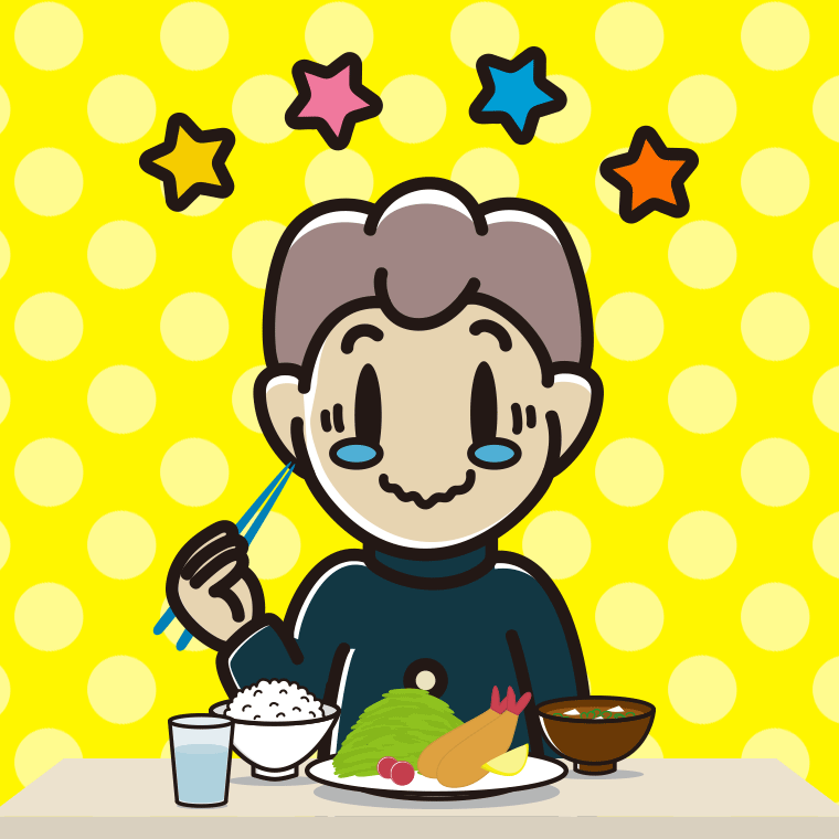 食事中にジーンとする男子中学生のイラスト【色、背景あり】PNG