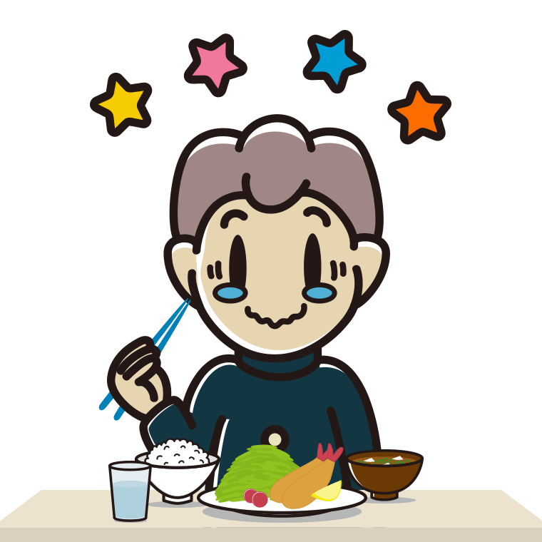 食事中にジーンとする男子中学生のイラスト【色あり、背景なし】透過PNG