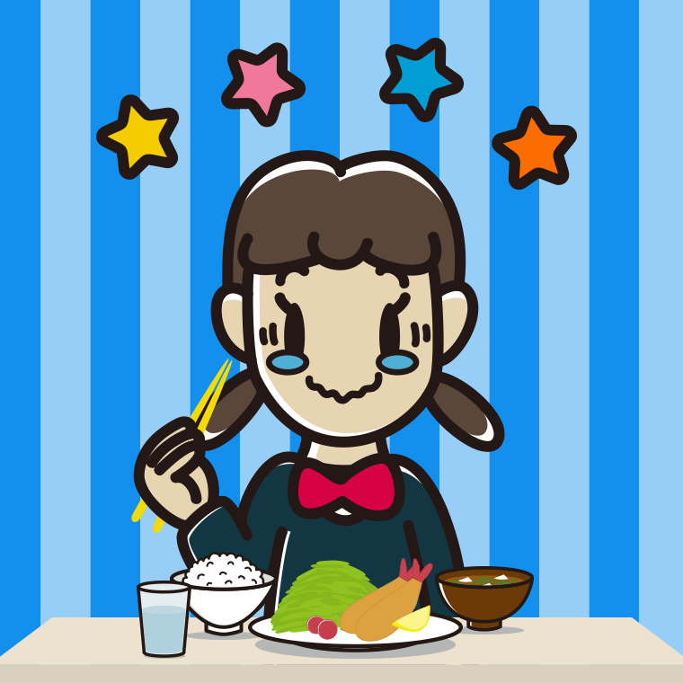 食事中にジーンとする女子中学生のイラスト【色、背景あり】PNG