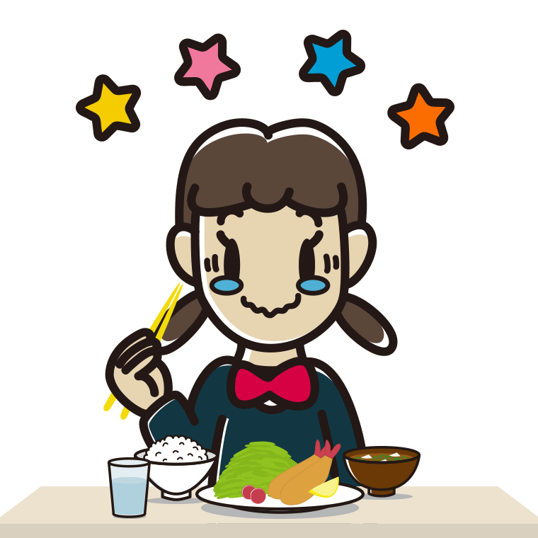 食事中にジーンとする女子中学生のイラスト【色あり、背景なし】透過PNG