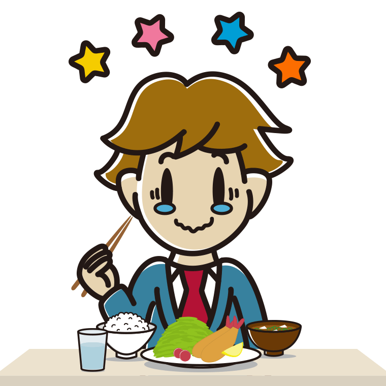 食事中にジーンとする男子高校生のイラスト【色あり、背景なし】透過PNG