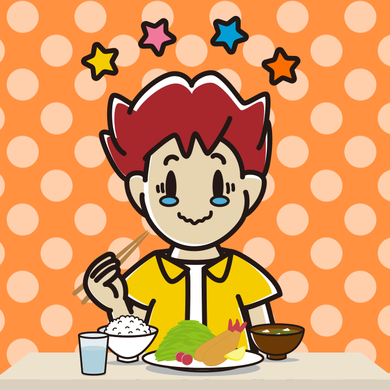 食事中にジーンとする男子大学生のイラスト【色、背景あり】PNG