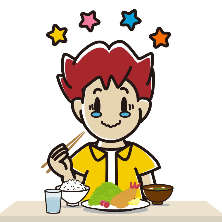 食事中にジーンとする男子大学生のイラスト【色あり、背景なし】透過PNG