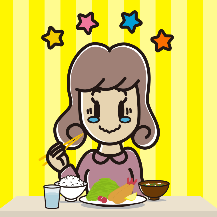 食事中にジーンとする女子大学生のイラスト【色、背景あり】PNG